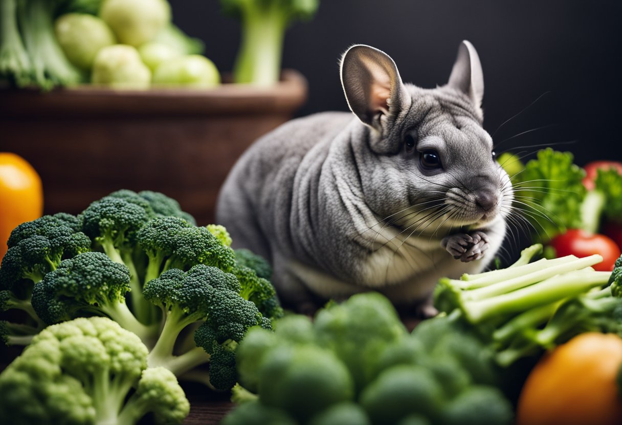 A chinchilla nibbles on a piece of broccoli, surrounded by other vegetables