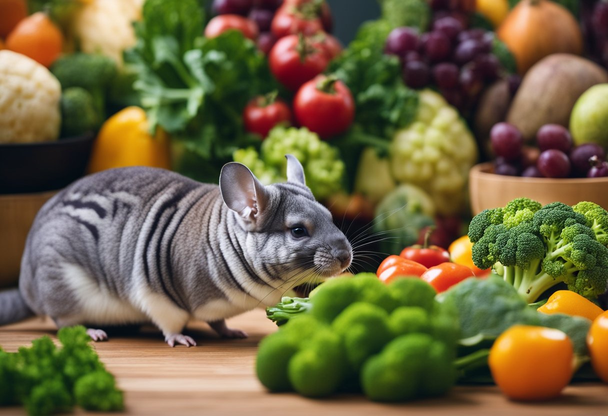 A chinchilla happily munching on a piece of broccoli, surrounded by other vegetables and fruits in a colorful and vibrant setting