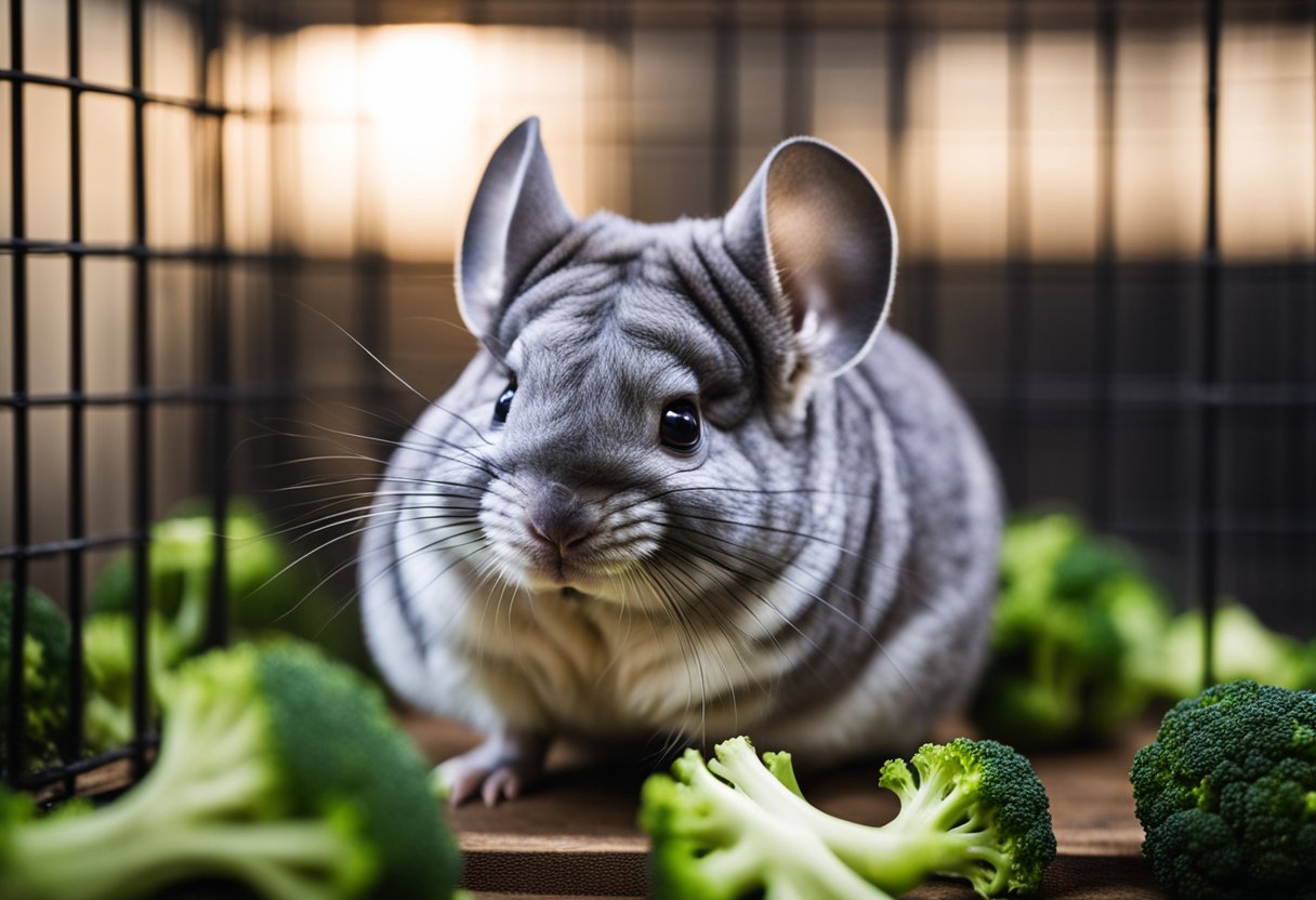 A chinchilla nibbles on a piece of broccoli, surrounded by other chinchillas in a cage