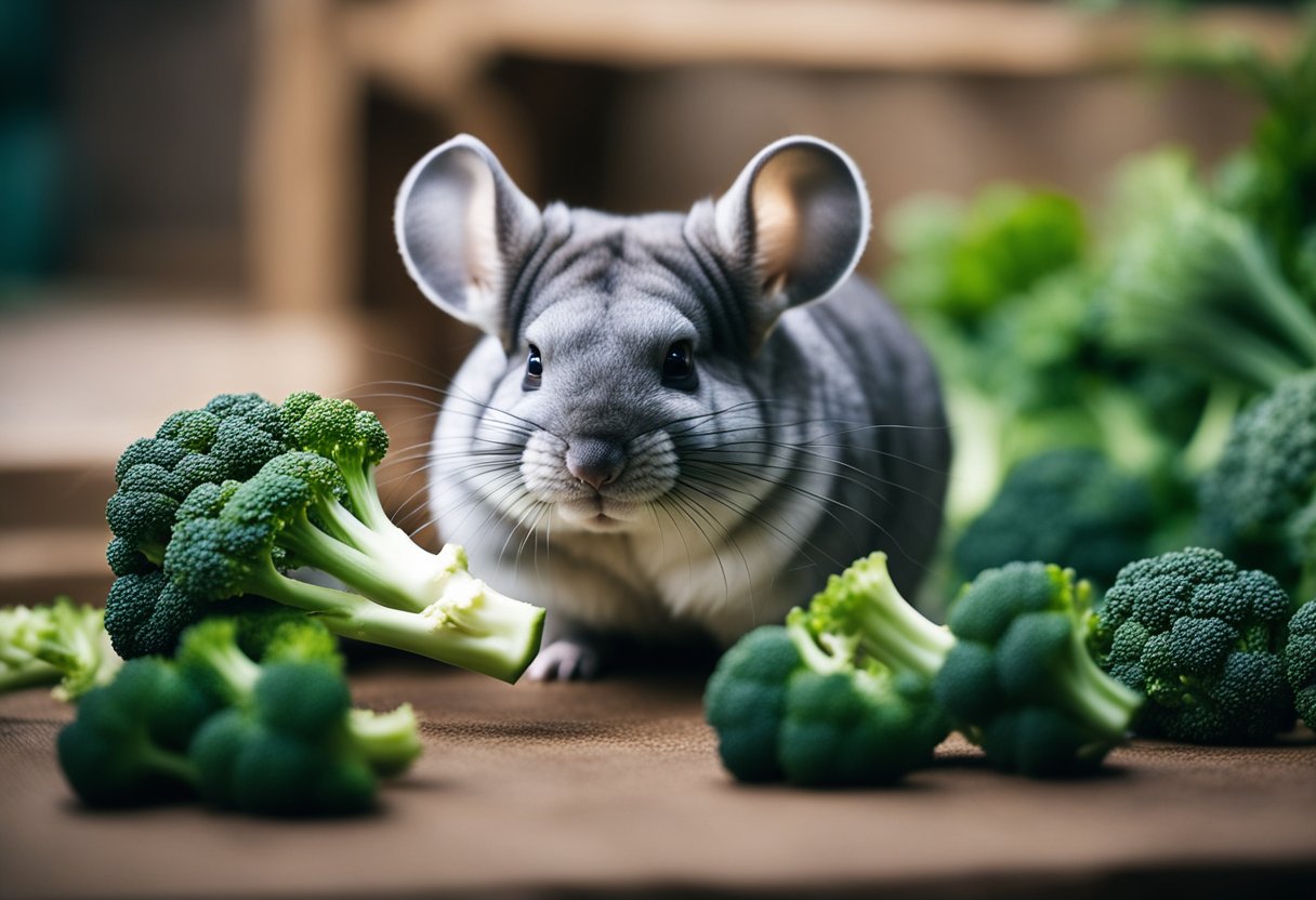 A chinchilla sniffing a piece of broccoli with curiosity