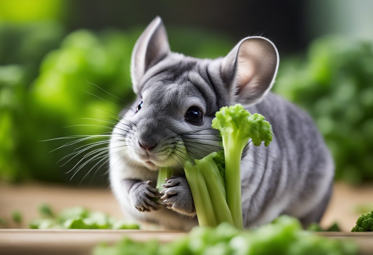 A chinchilla nibbles on a stalk of celery, its small paws delicately holding the green vegetable. The chinchilla's fluffy fur contrasts with the crisp texture of the celery