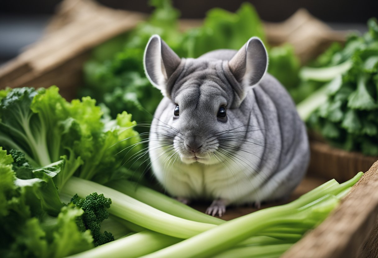 A chinchilla munches on a pile of fresh celery, surrounded by other leafy greens and hay in its cage