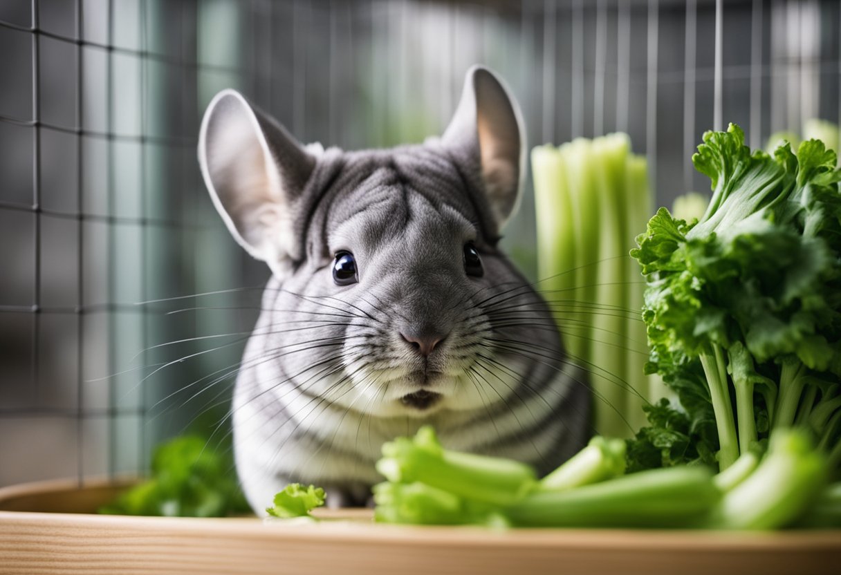 A chinchilla happily munches on a stalk of fresh celery, surrounded by other chinchillas in a cozy, spacious cage