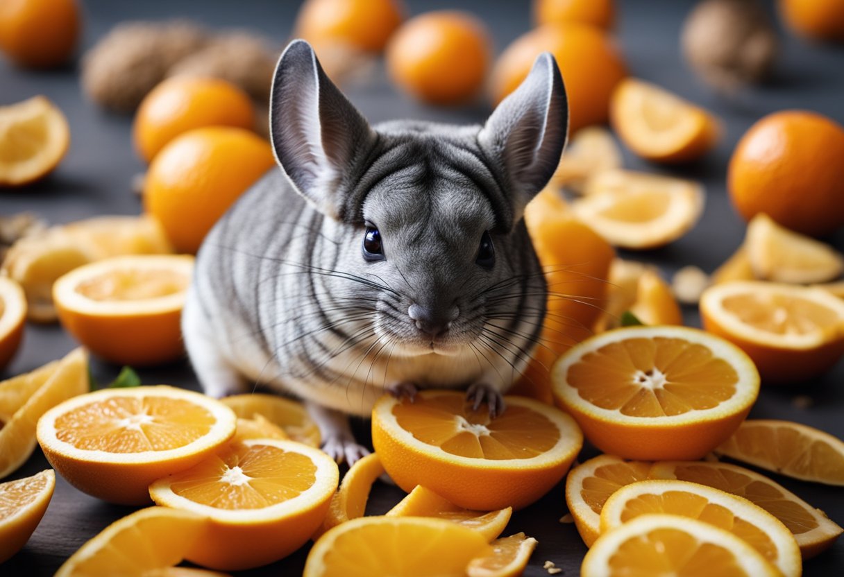 A chinchilla nibbles on a slice of orange, surrounded by scattered fruit peels and a small pile of orange segments