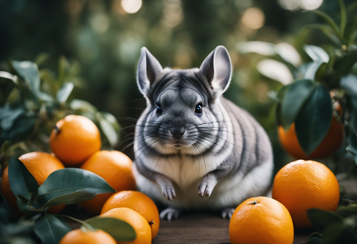 A chinchilla surrounded by oranges, sniffing one cautiously