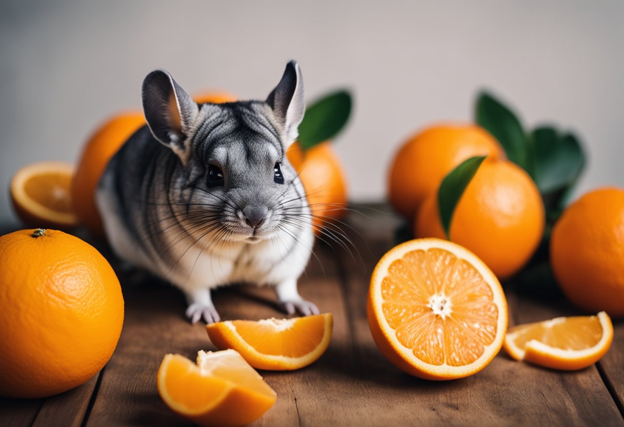 A chinchilla nibbles on a juicy orange next to a pile of fresh oranges