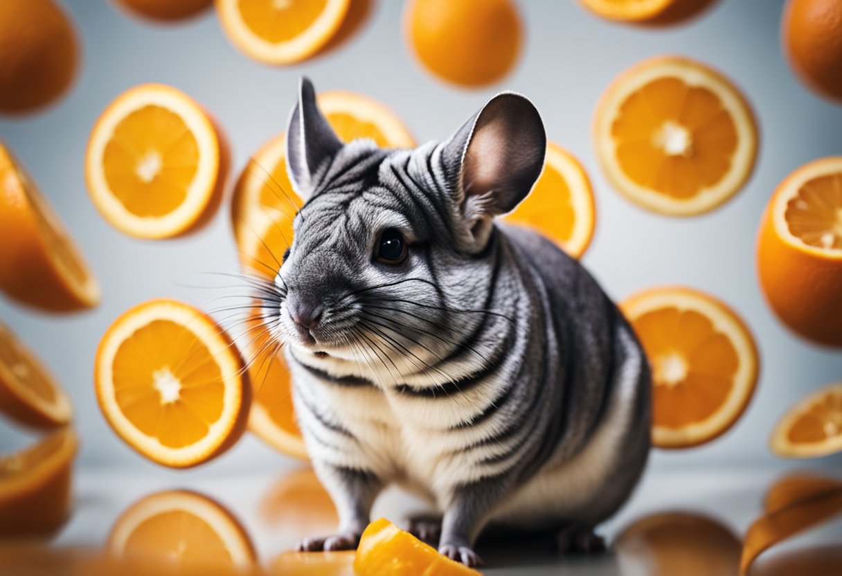 A chinchilla nibbles on a juicy orange, surrounded by scattered orange peels and a few half-eaten slices