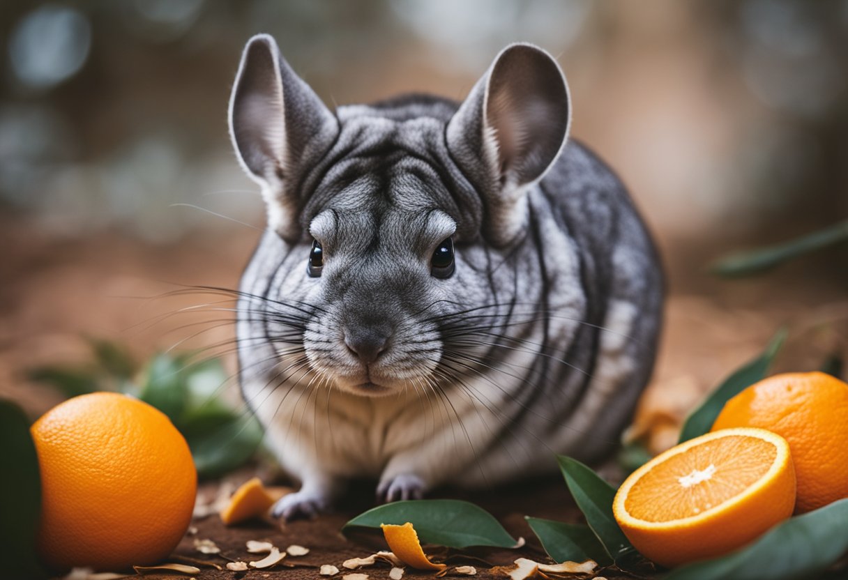 A chinchilla nibbles on a juicy orange, surrounded by scattered orange peels