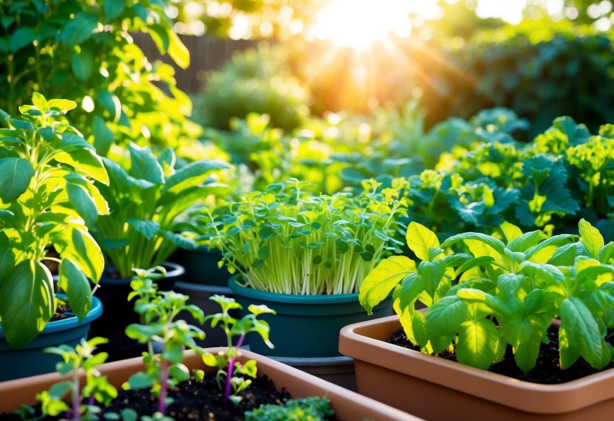 A vibrant garden filled with a variety of edible greens and microgreens, including basil, mint, and kale, growing in pots and raised beds. Sunshine filters through the leaves, creating a warm and inviting atmosphere