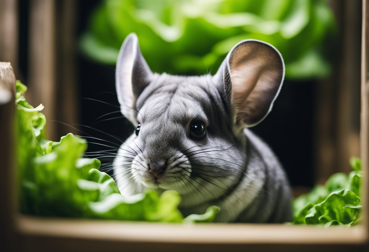 A chinchilla nibbles on a fresh, green lettuce leaf inside its cage