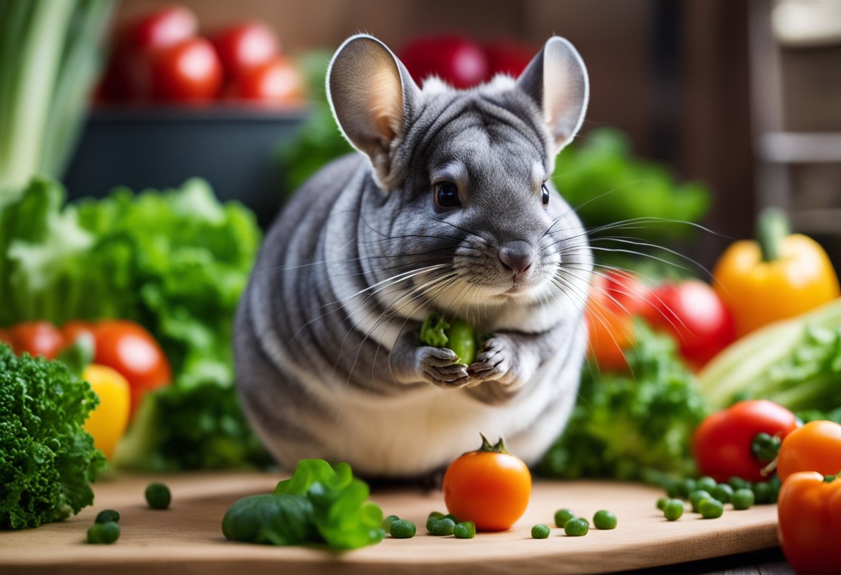 A chinchilla happily nibbles on a variety of fresh vegetables, including lettuce, in its spacious and colorful cage