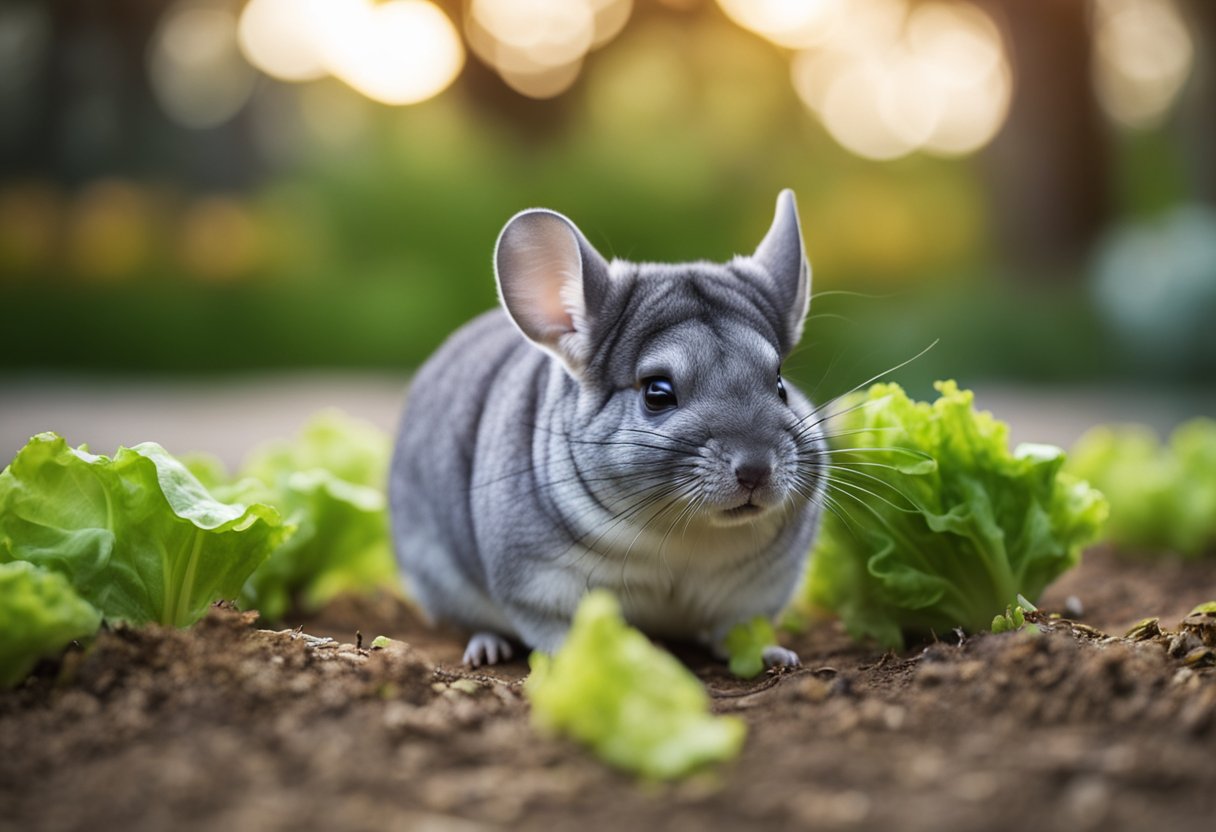 A chinchilla eagerly nibbles on a leaf of lettuce in a cozy, grassy enclosure