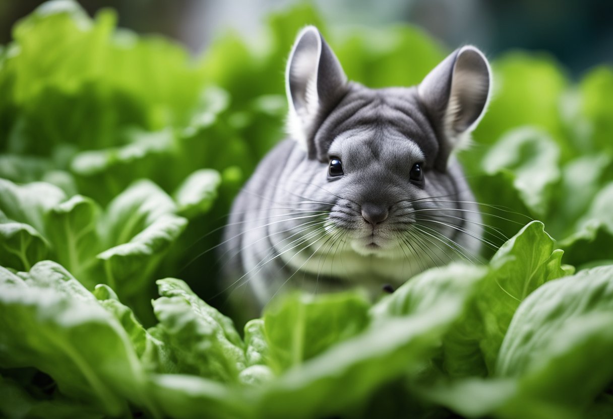 A chinchilla eagerly nibbles on a fresh, crisp lettuce leaf, while a curious expression is depicted on its furry face