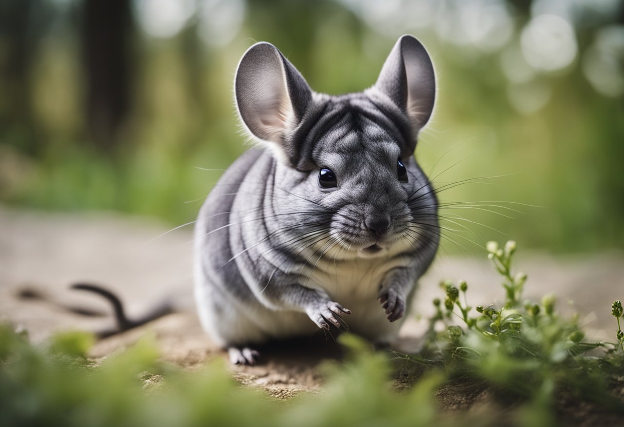 A chinchilla scratching furiously, surrounded by tiny hopping fleas