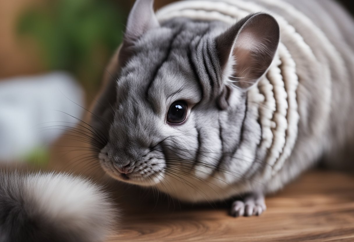 A chinchilla grooming its thick, soft fur, inspecting for fleas amidst its fluffy coat