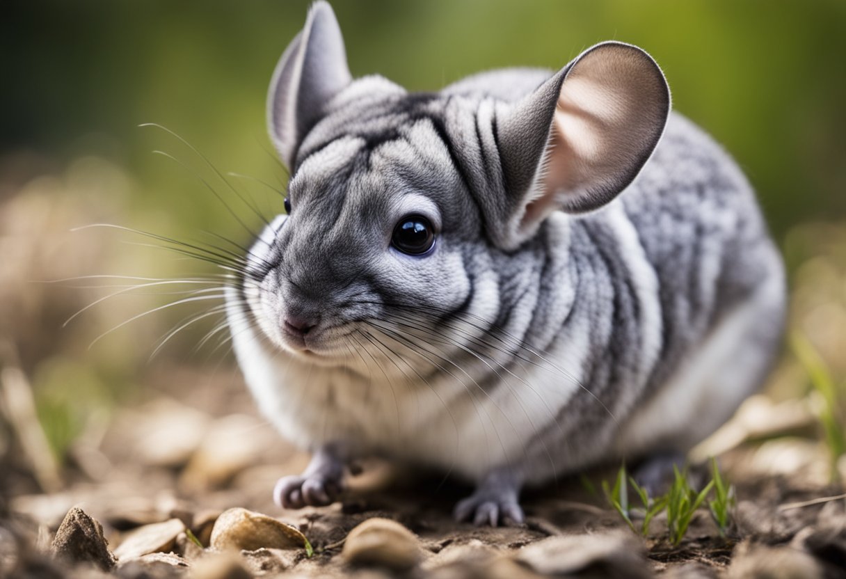 A chinchilla scratching furiously, surrounded by fleas and parasites