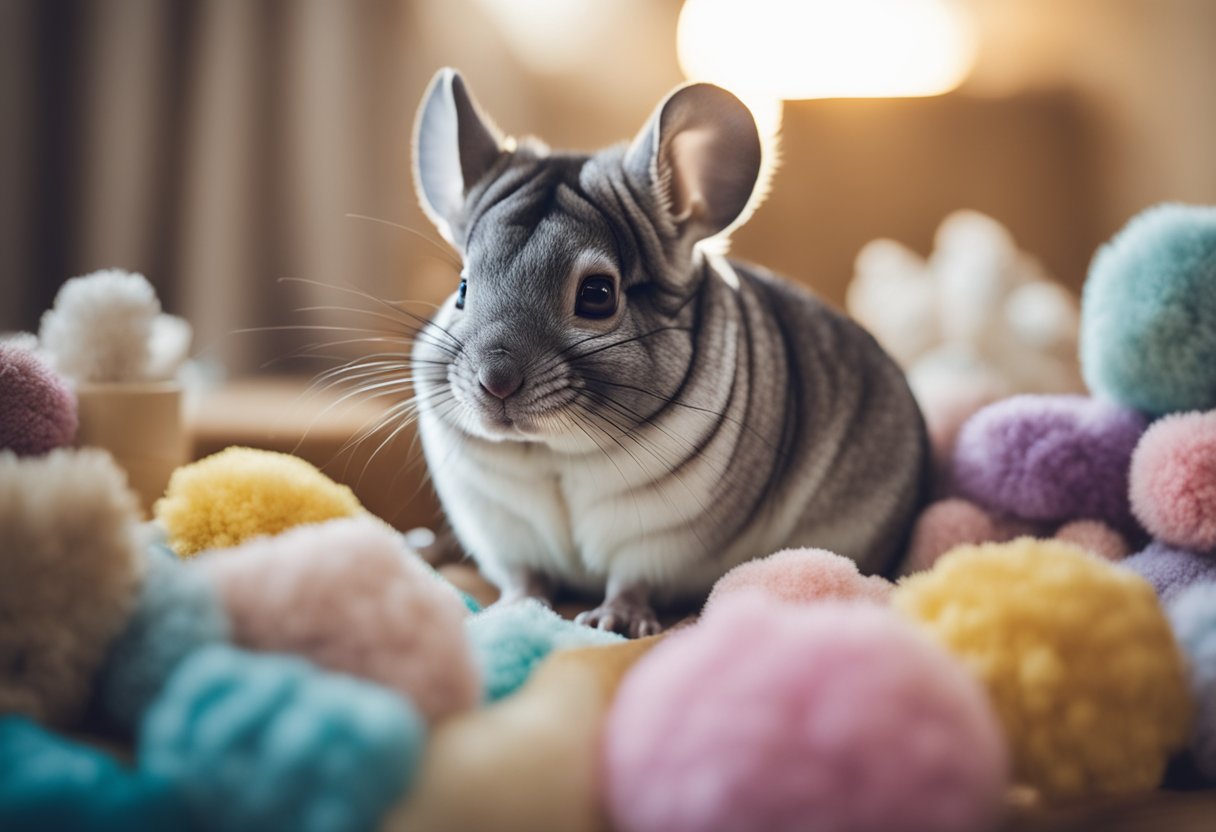 A chinchilla grooming itself, surrounded by a pile of soft bedding and toys