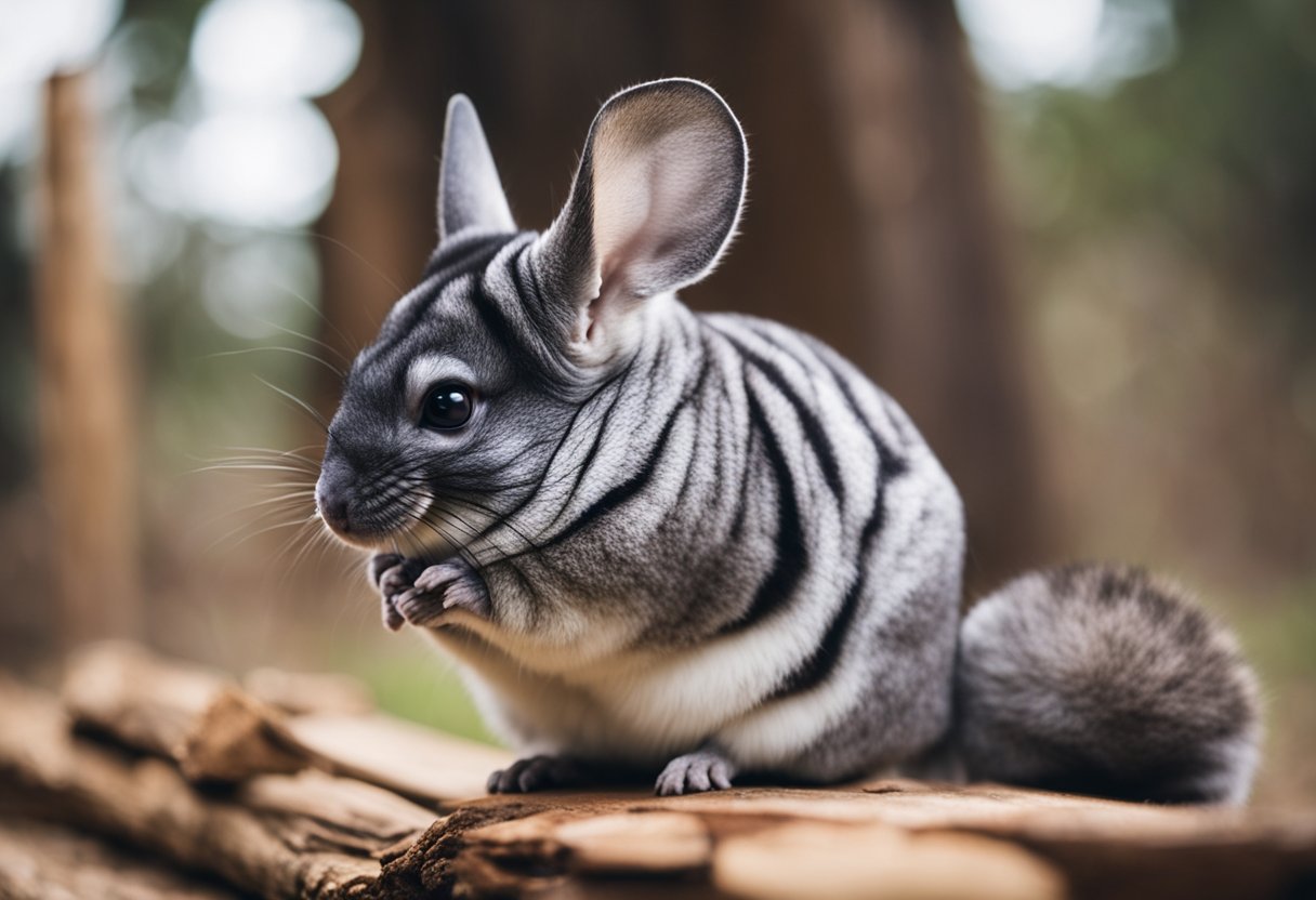 A chinchilla sitting on a wooden log, scratching behind its ear, while looking up with a curious expression