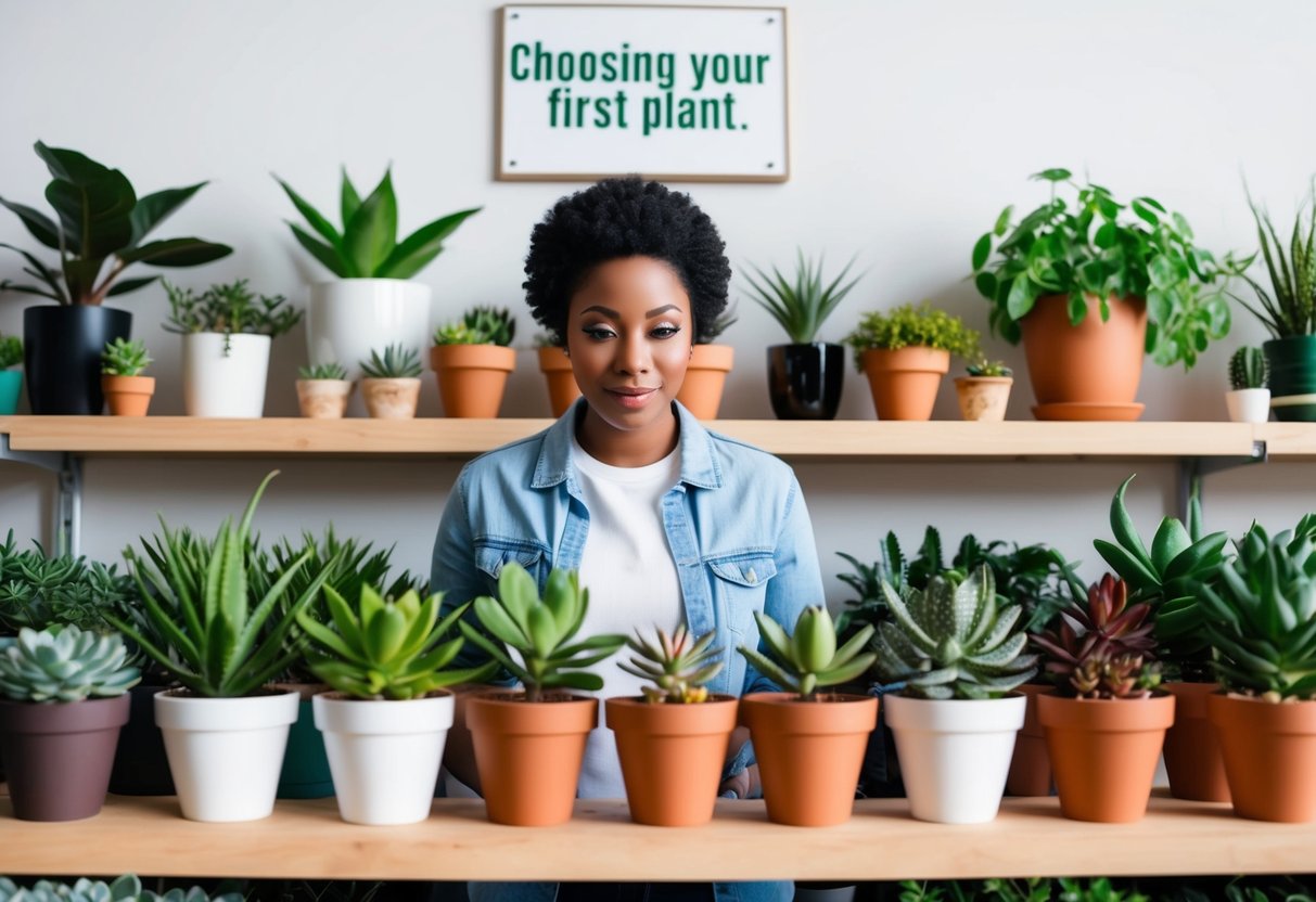 A person stands in front of a variety of potted plants, examining each one carefully with a curious and determined expression. The shelves are filled with different types of greenery, from small succulents to larger leafy plants. A sign above reads 