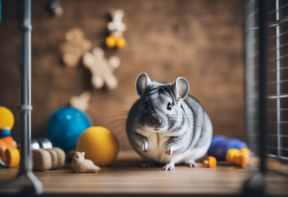 A chinchilla in a cozy cage, surrounded by toys and a water bottle, with a lifespan chart on the wall