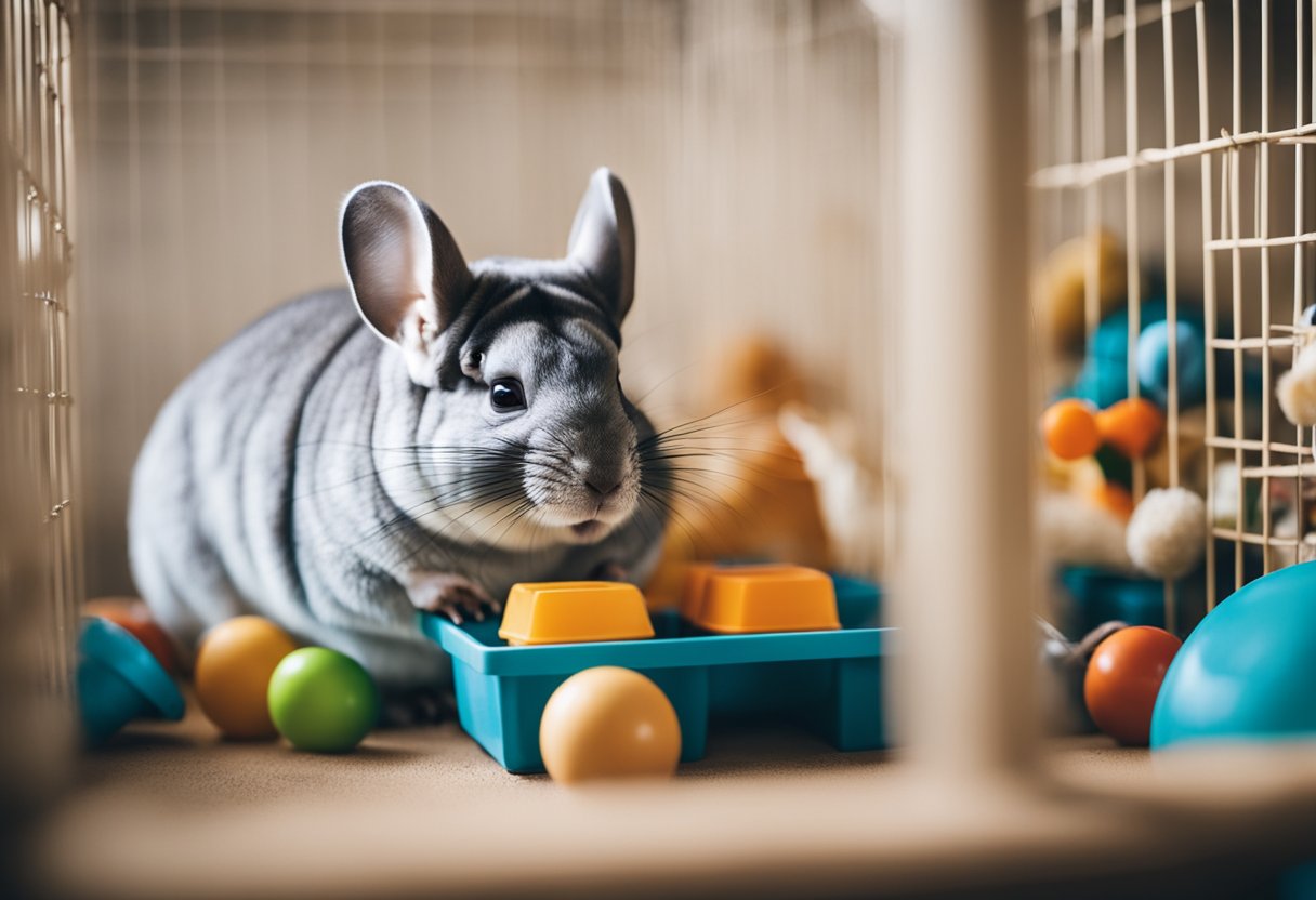 A chinchilla in a spacious cage, surrounded by toys and a cozy nesting area, with a water bottle and food bowl nearby