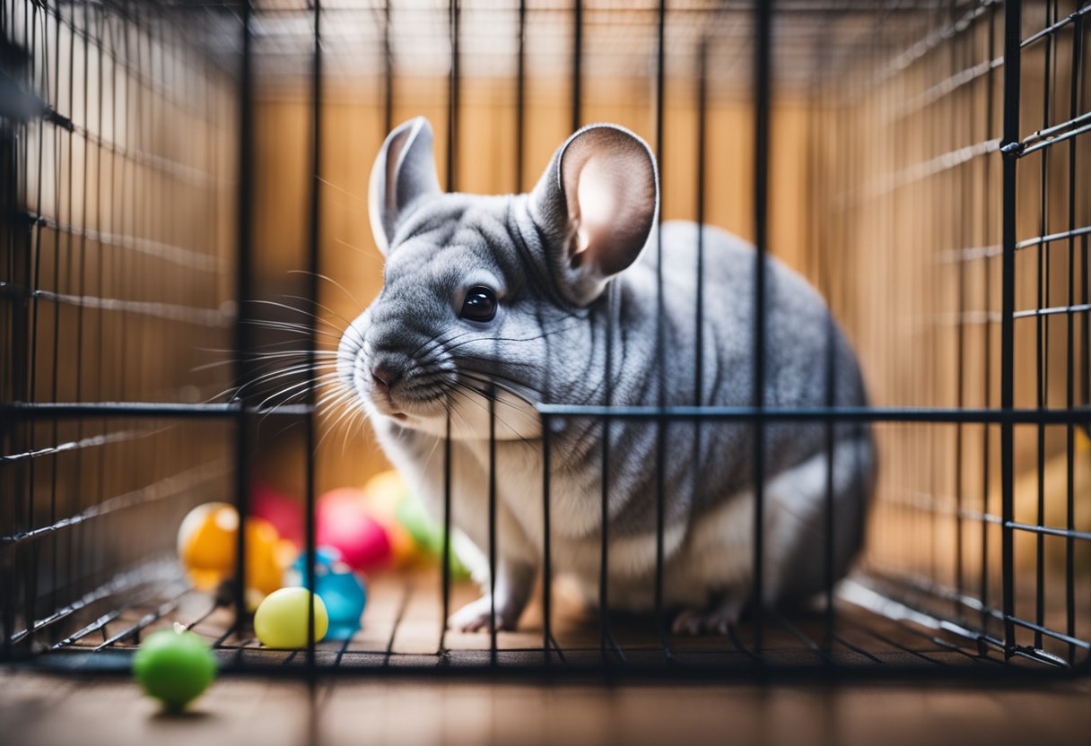 A chinchilla happily playing in its spacious, well-furnished cage with plenty of toys and a cozy sleeping area