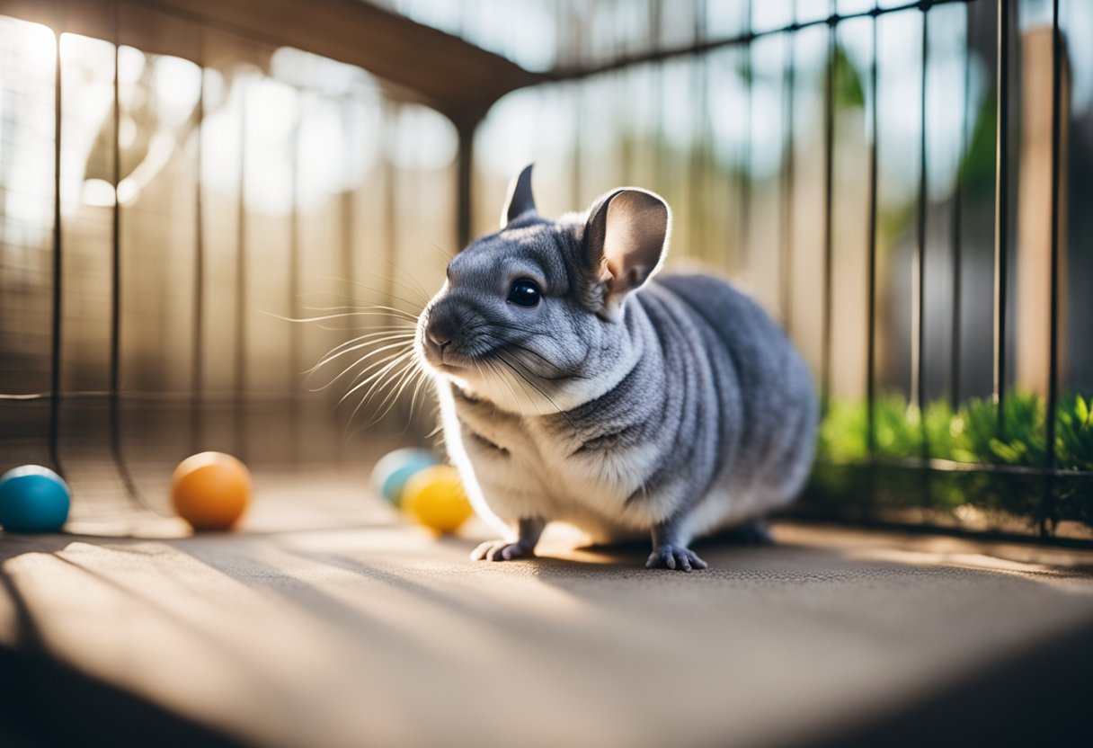 A chinchilla exploring a spacious, cage-free environment filled with toys and hiding spots, surrounded by a variety of safe and enriching resources