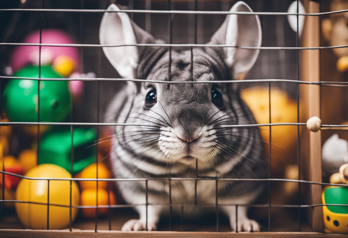 A chinchilla in a cozy cage, surrounded by toys and a water bottle, with a curious expression on its face