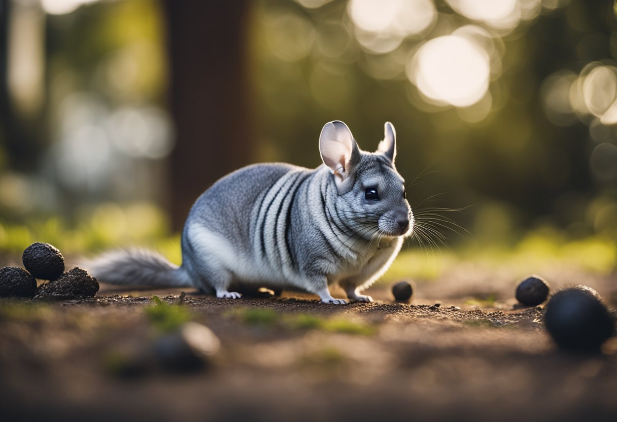 A chinchilla stands near its droppings, wary