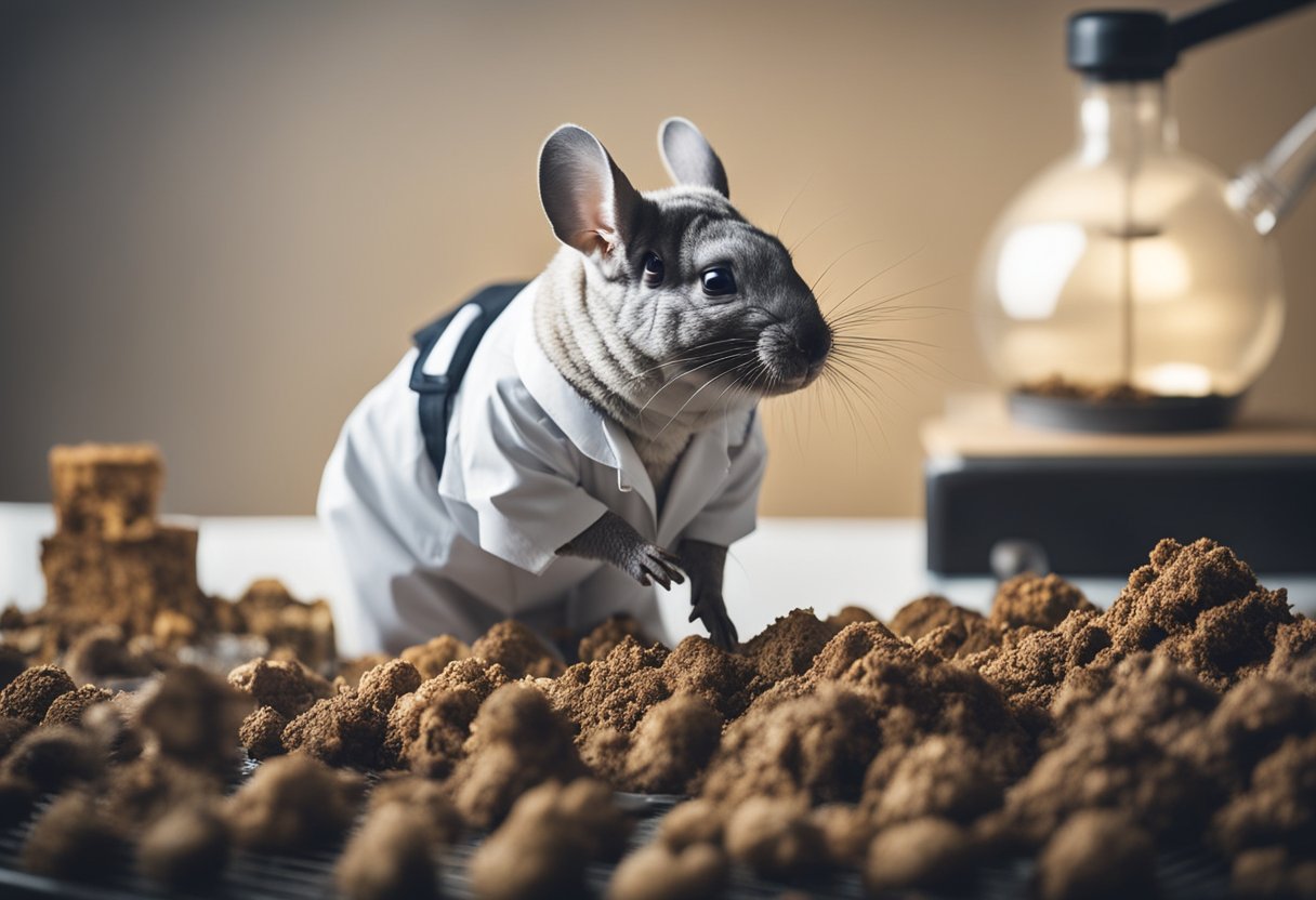 A chinchilla stands near a pile of feces, with a scientist in a lab coat examining it with a magnifying glass