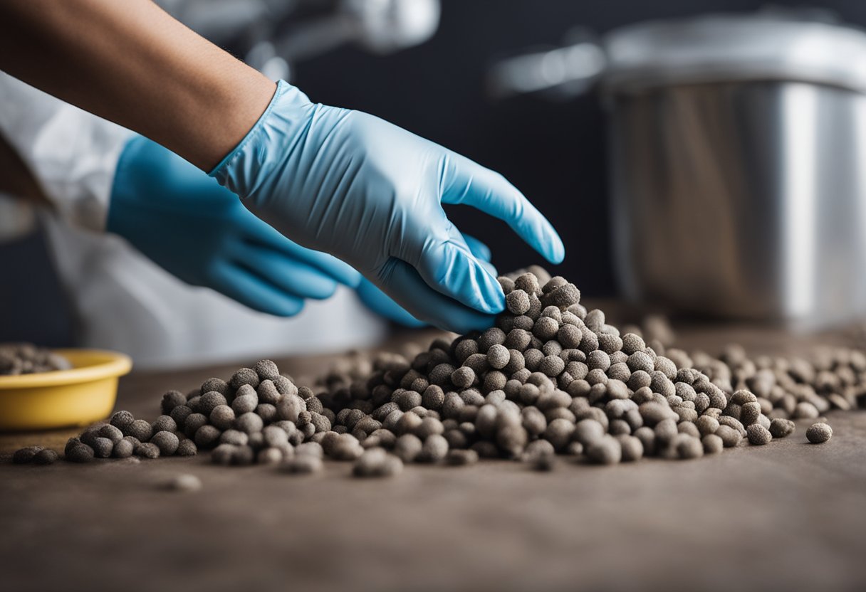 A person wearing gloves scoops chinchilla poop into a sealed bag for disposal