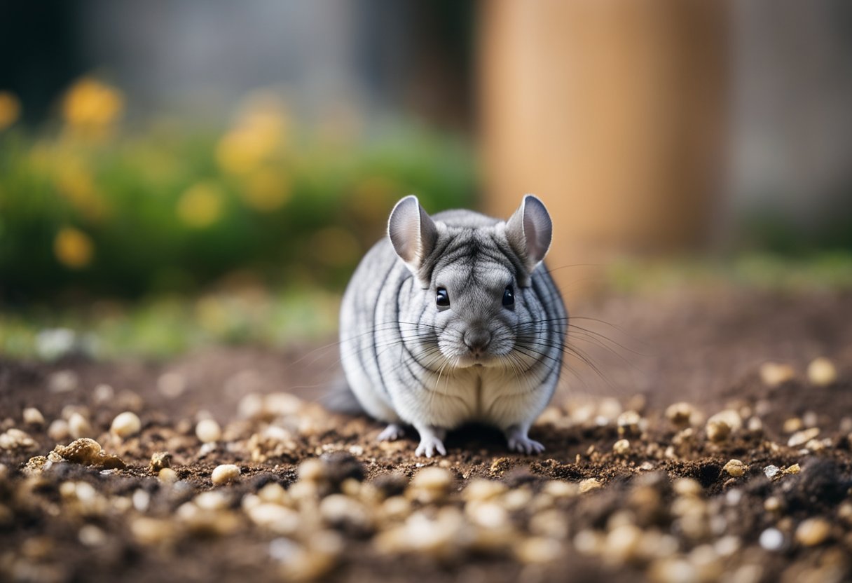 A chinchilla surrounded by its feces with a concerned expression