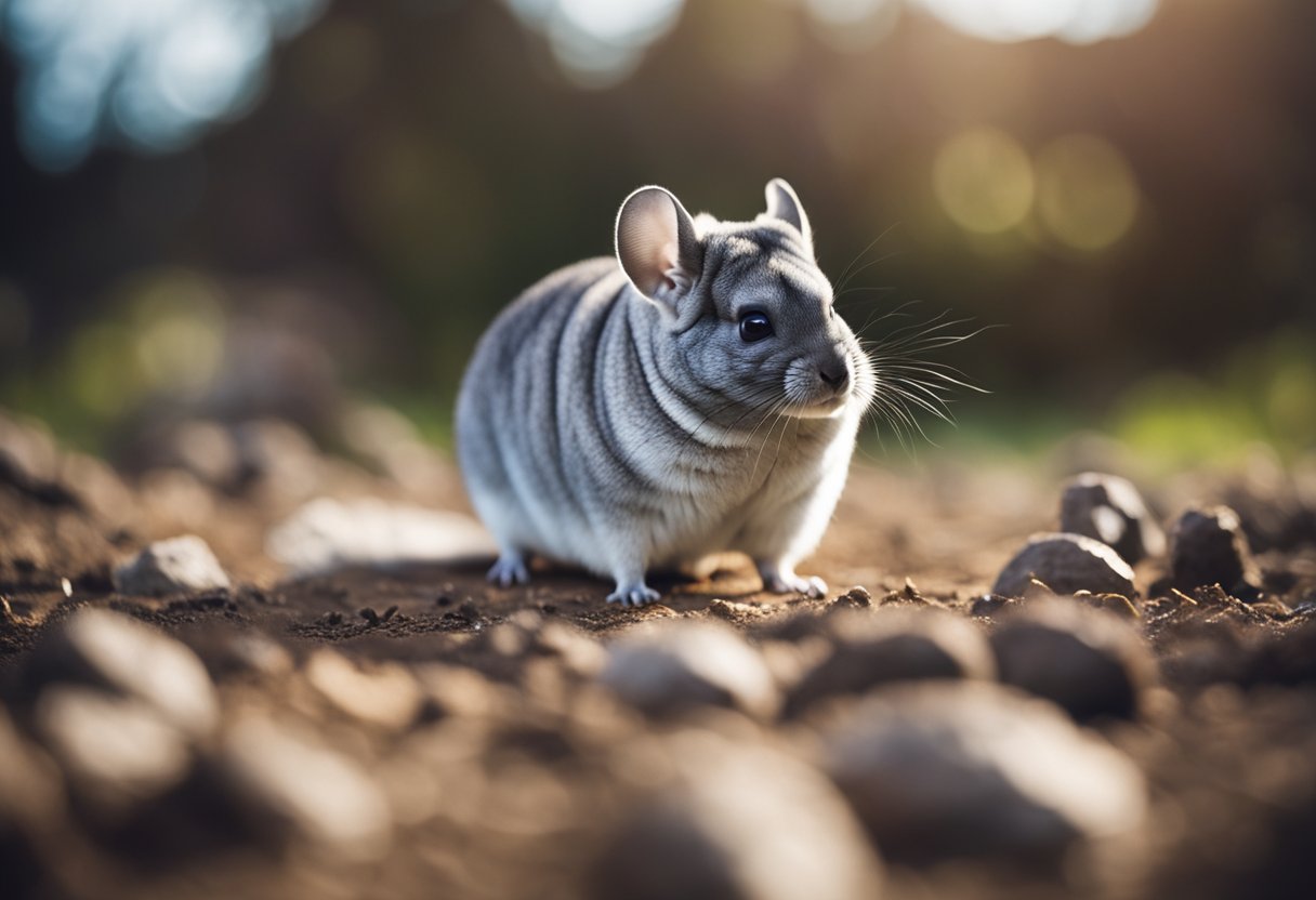 A chinchilla stands near a pile of poop, looking curious and cautious