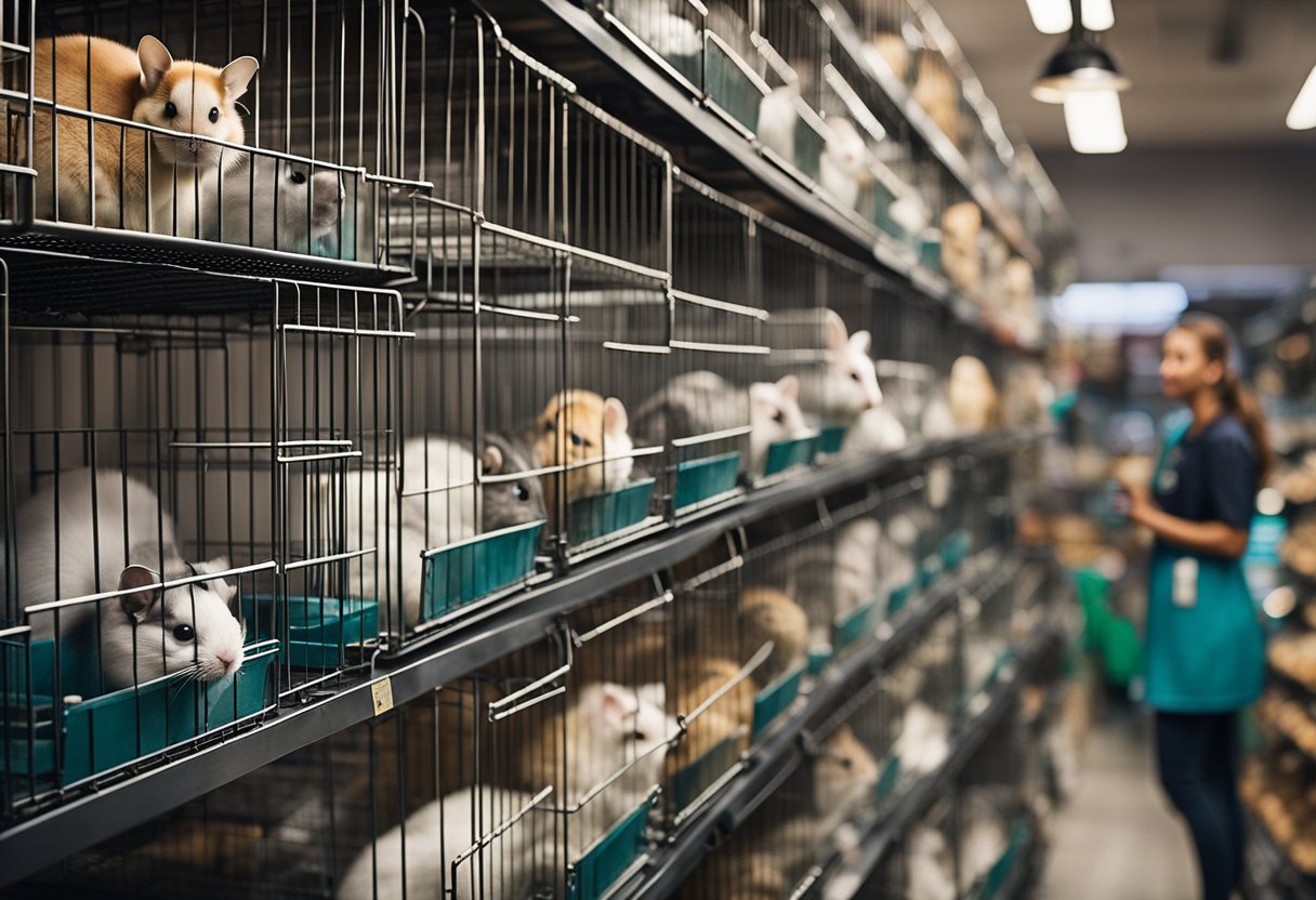 A small pet store with rows of cages filled with chinchillas of various colors and sizes. Customers browse, pointing and asking questions to the store employees