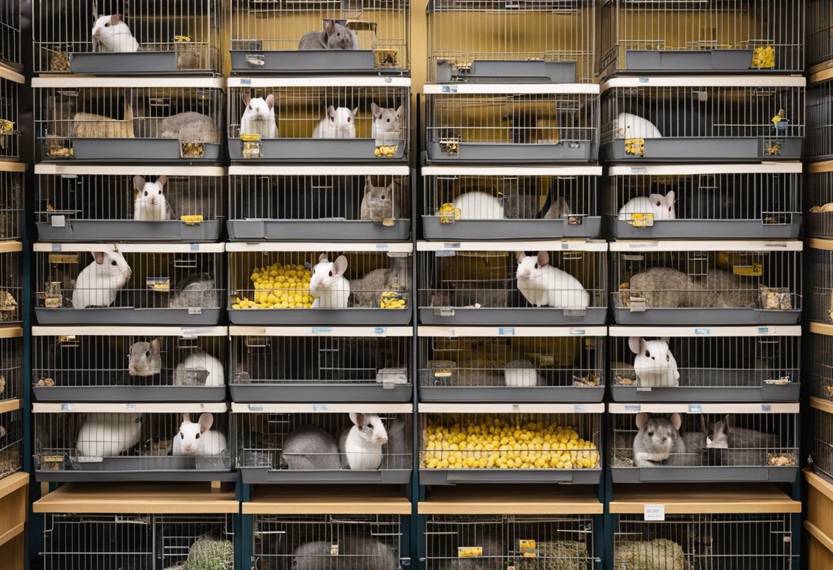 A pet store display showcases chinchillas in spacious, well-maintained cages. A variety of chinchilla supplies are neatly arranged on nearby shelves