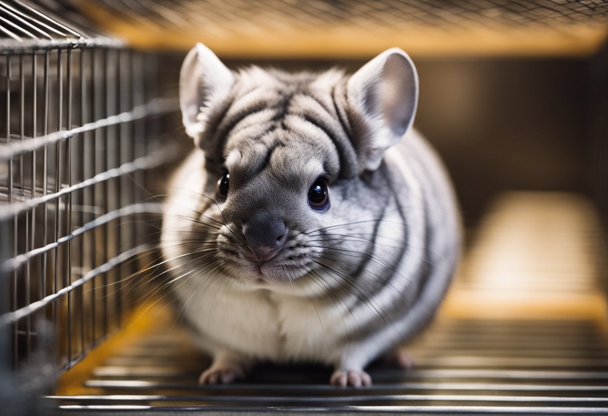 A small pet shop with rows of cages, one containing a fluffy chinchilla. The shop owner holds the chinchilla gently, ready to assist a customer