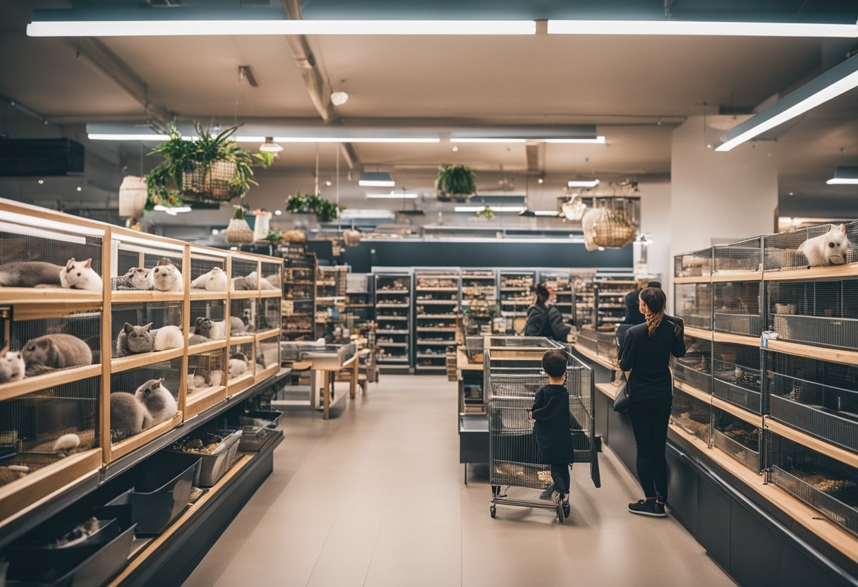 A pet store with shelves of cages and chinchillas, a cashier at the counter, and customers browsing the selection