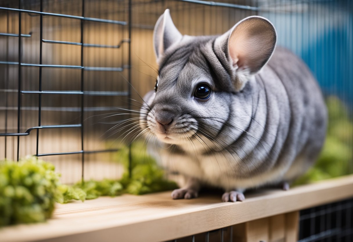 A chinchilla pet store with various cages and chinchillas. Customers asking employees questions