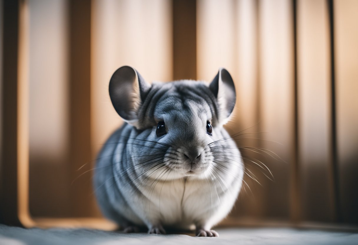 A chinchilla sits in a clean, odorless cage with fluffy bedding and a dust bath