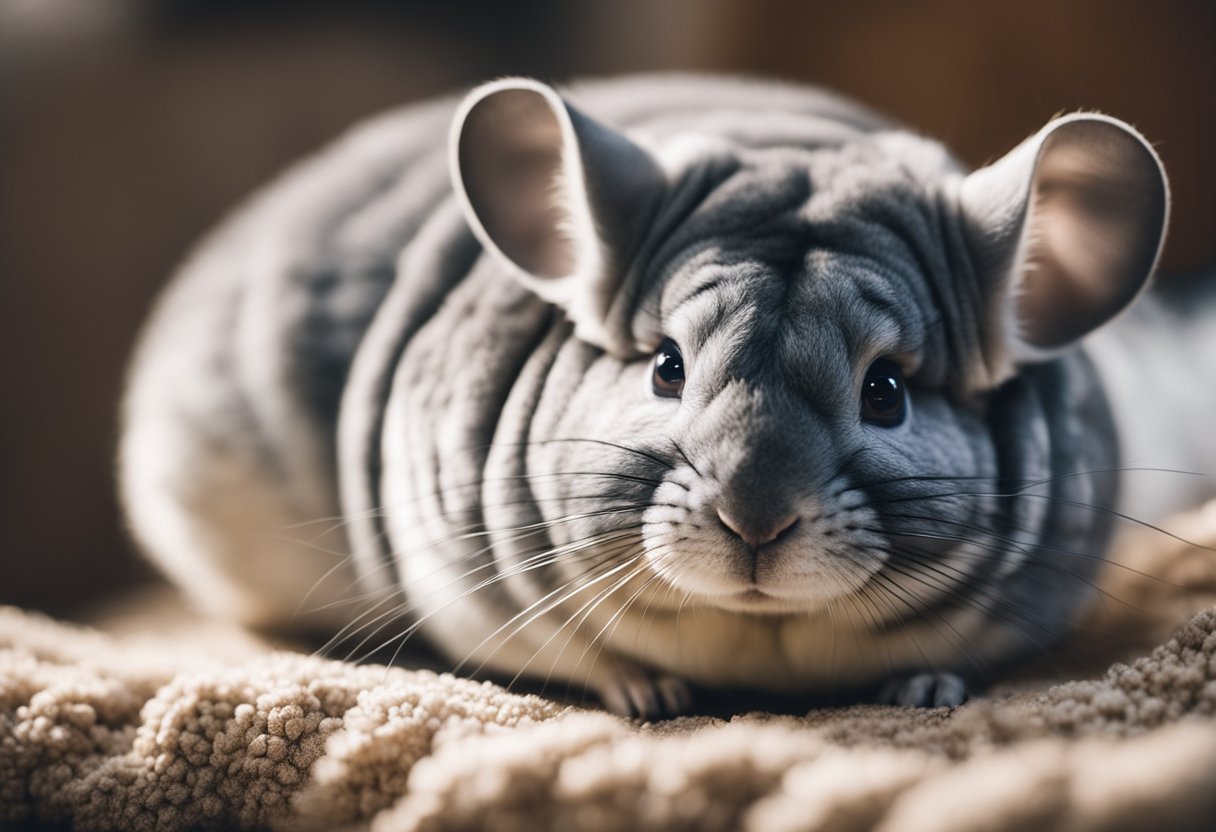 A chinchilla resting in a clean, odor-free environment with fresh bedding and a dust bath nearby