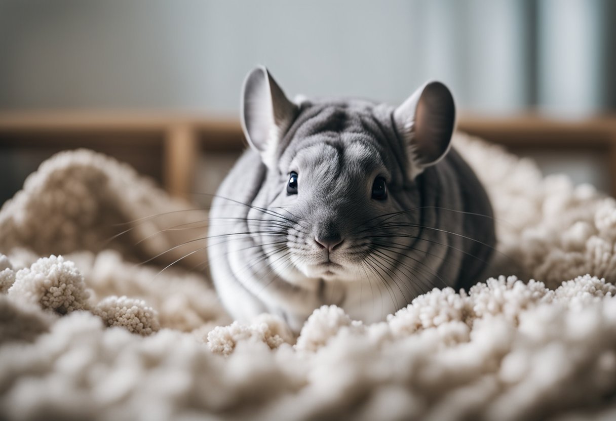 A chinchilla in a clean, odor-free environment, surrounded by fresh bedding and toys