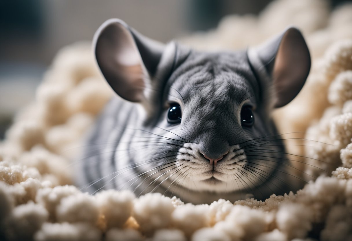 A chinchilla surrounded by fresh bedding and clean water, with no odor present