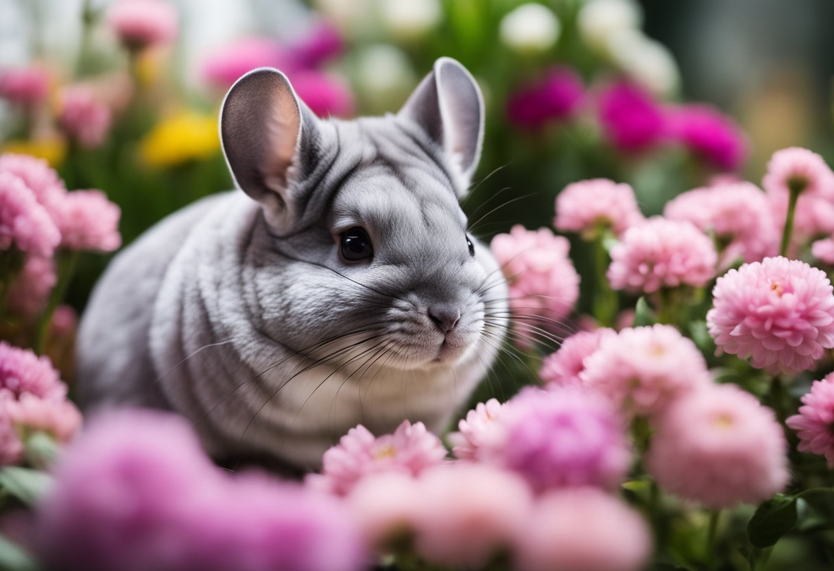 A chinchilla surrounded by fresh flowers and clean bedding, emitting no odor