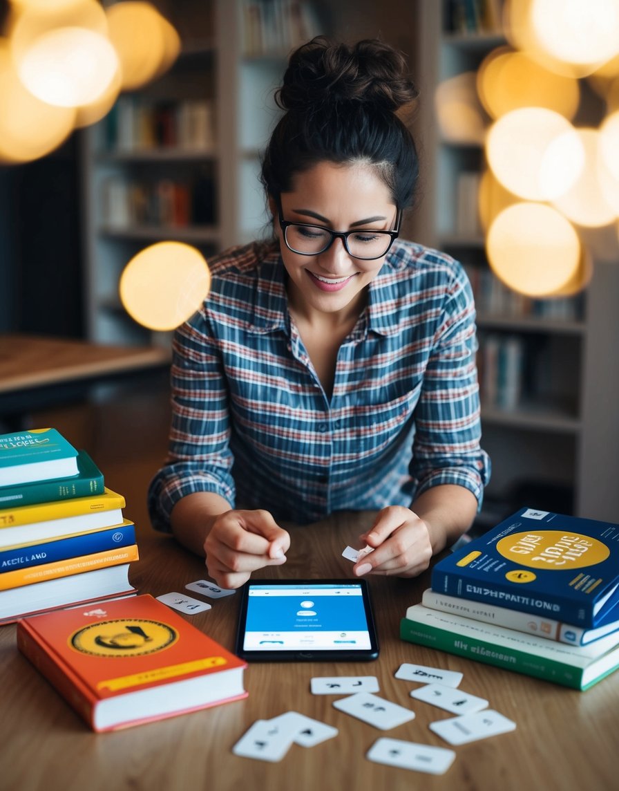 A person surrounded by Spanish books, flashcards, and a language app, eagerly absorbing the material