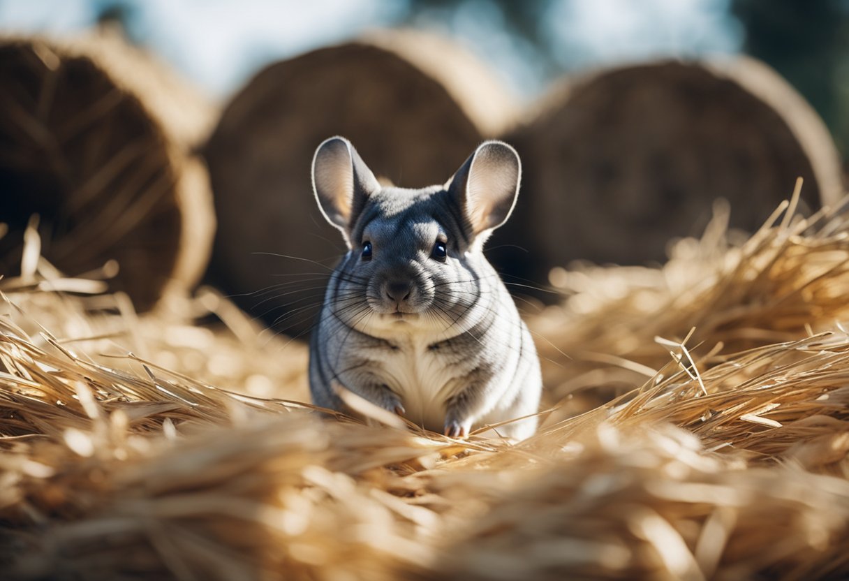 A chinchilla sits on a bed of hay, surrounded by scattered almonds