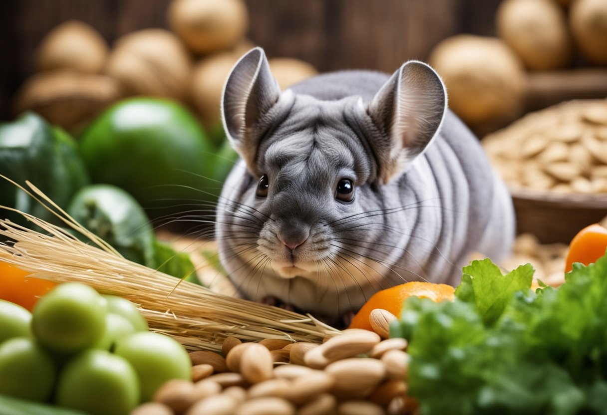 A chinchilla surrounded by a variety of safe foods such as hay, pellets, and fresh vegetables, with a pile of almonds off to the side