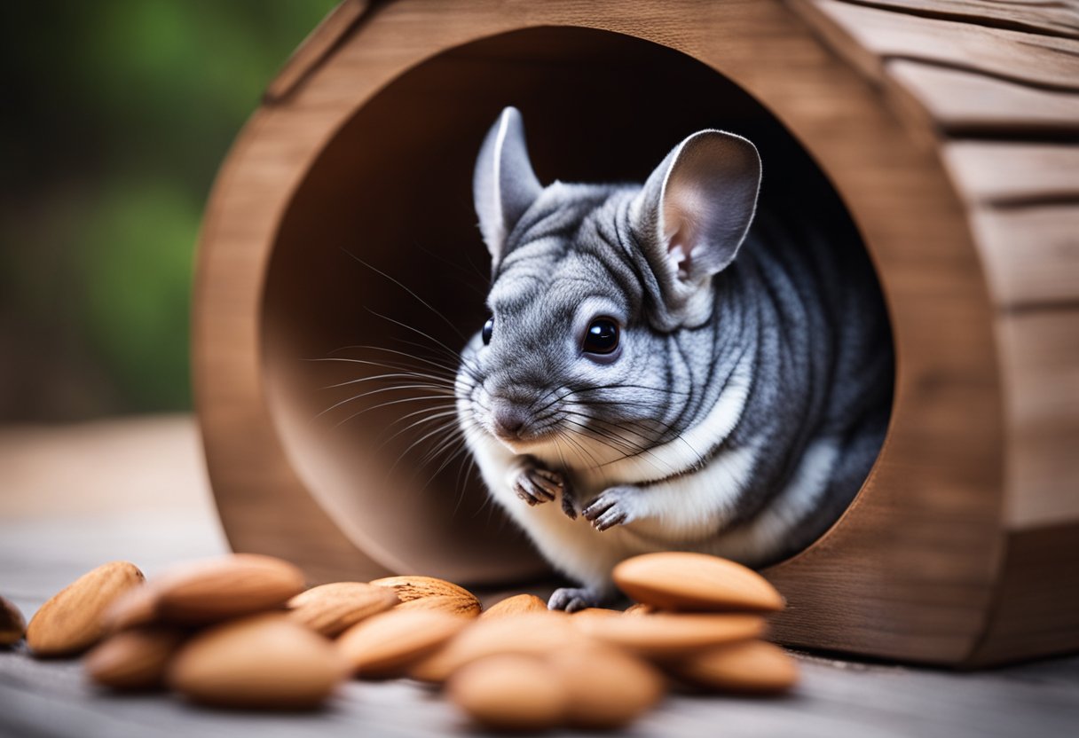 A chinchilla nibbles on almonds in a cozy, wood-shaving-filled enclosure