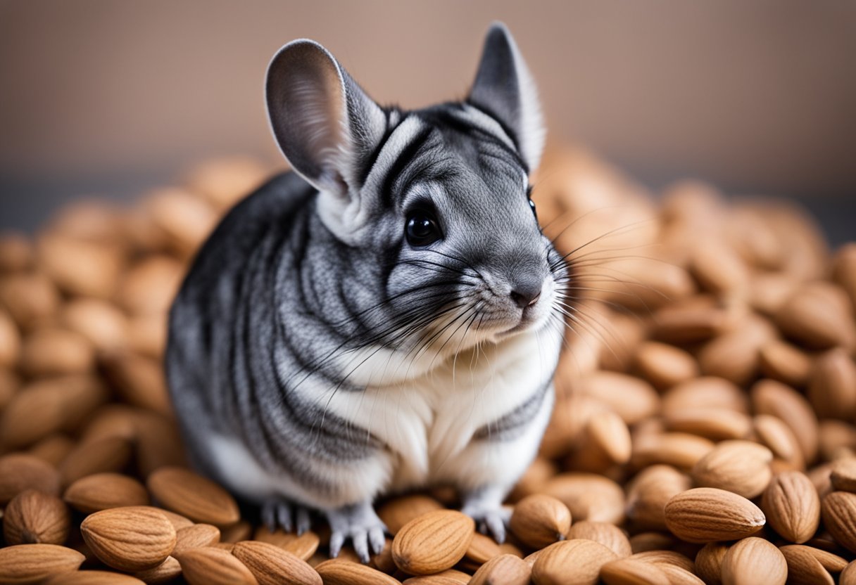 A chinchilla sitting next to a pile of almonds, with a question mark above its head