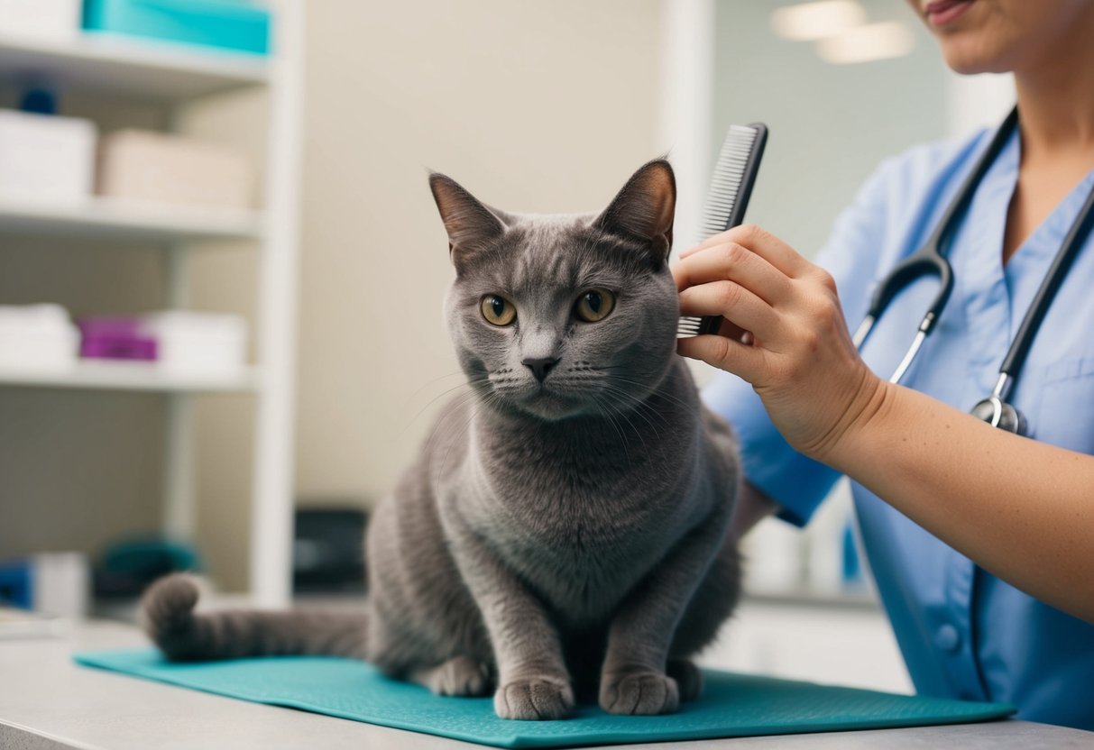 Eine kurzhaarige Katze, die von einem Tierarzt oder Haustierbesitzer gepflegt und betreut wird.