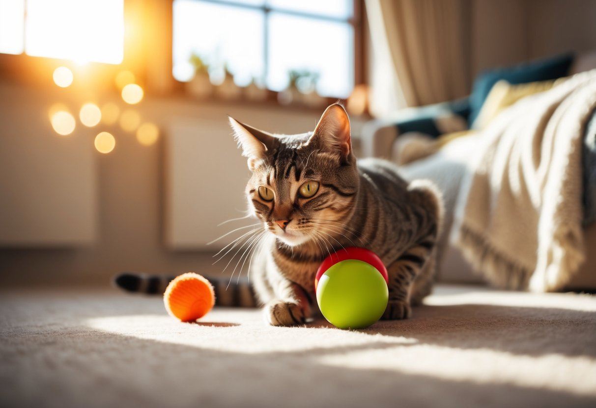 Eine kurzhaarige Katze spielt mit Spielzeugen in einem gemütlichen, sonnendurchfluteten Raum.